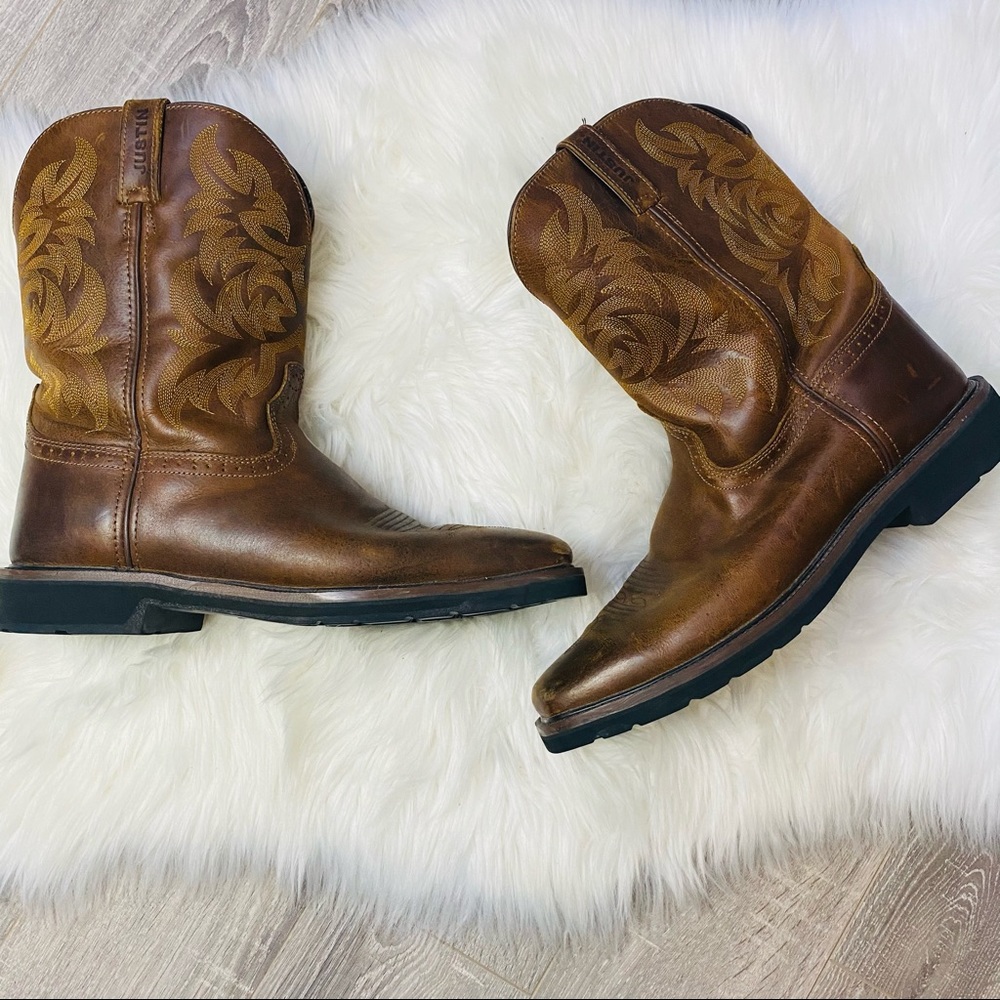 Justin Square Toe pull on leather Work Boots 14EE